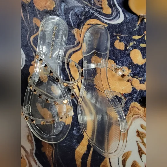 Wild Diva Clear Jelly Slide Sandals with Gold Studs - Picture 3 of 3